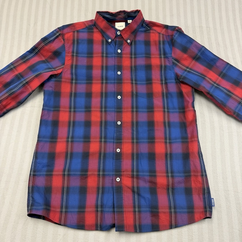 ROWM Shirt Mens Sz L Red Blue Print Button Down Long Sleeve